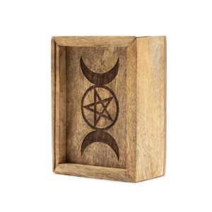 Scatola Porta Tarocchi in Legno di Mango Lune e Pentacolo